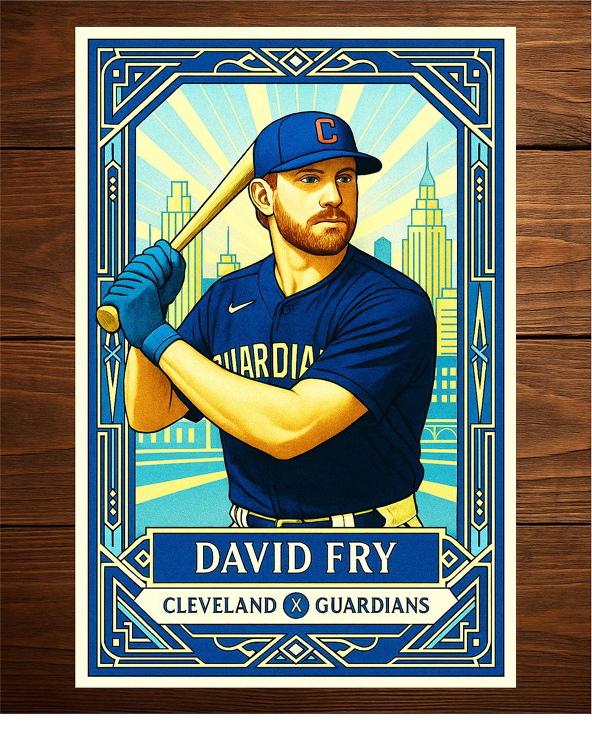 Stylized Art Deco baseball card illustration of David Fry from the Cleveland Guardians. He holds a bat with skyscrapers and sunburst rays in the background. Card text includes his name and “Cleveland Guardians” with ornate blue-and-gold detailing.