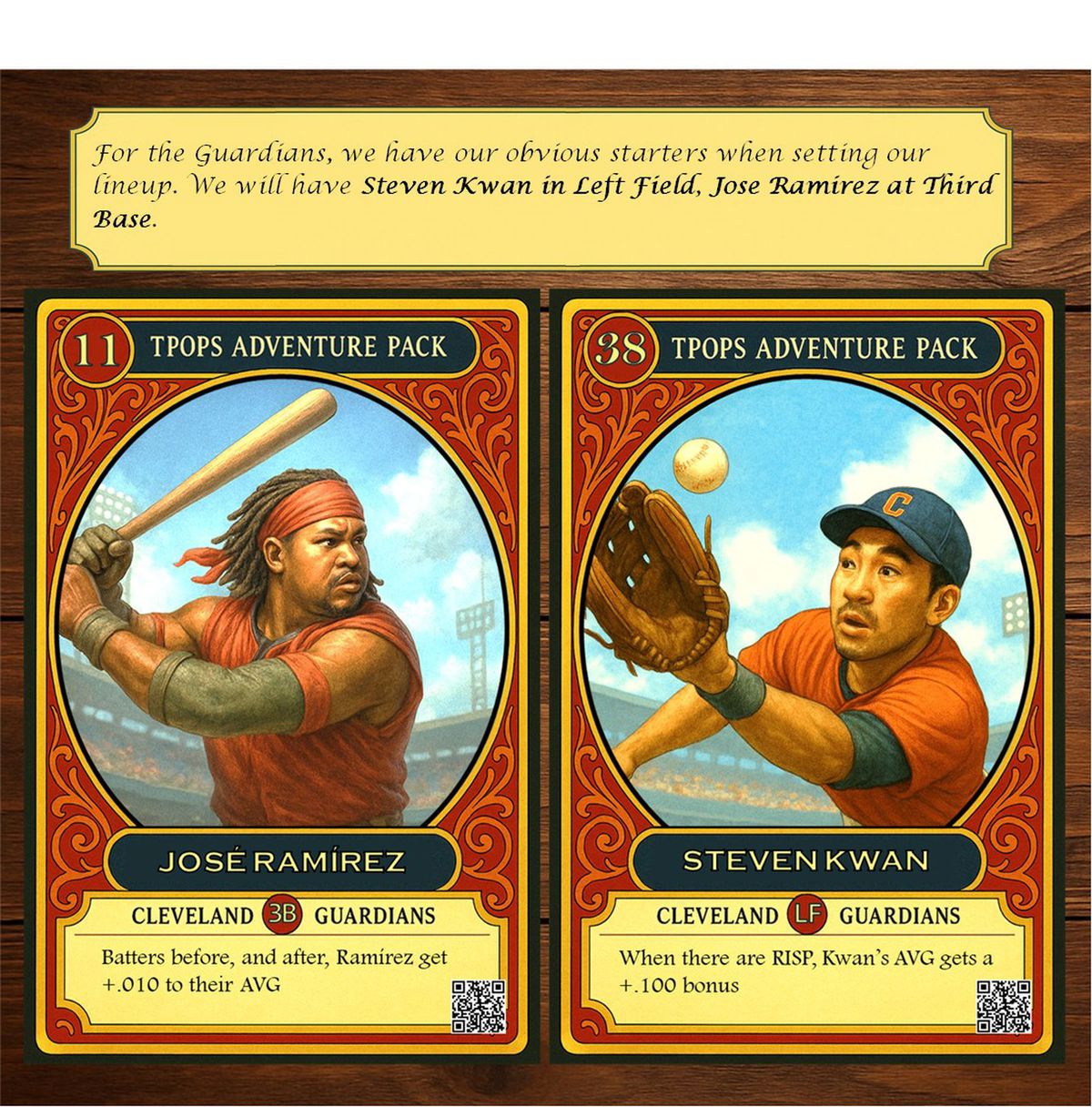 Fantasy baseball cards for José Ramírez and Steven Kwan from the T-POPS Adventure Deck, placed on a wooden tabletop. Ramírez’s card grants a batting average boost to teammates before and after him; Kwan’s card boosts his average with runners in scoring position.