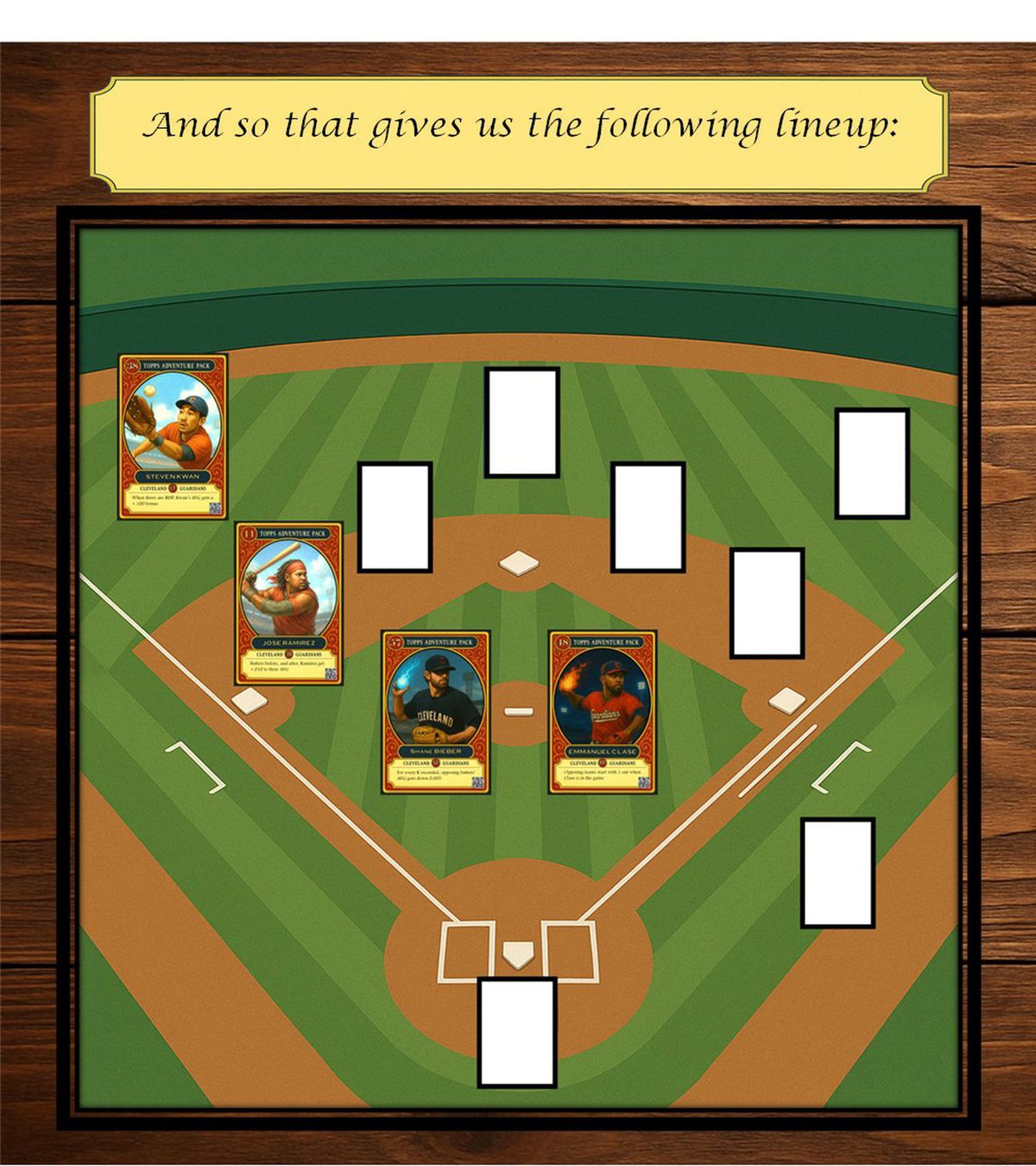 Fantasy baseball field featuring four confirmed Cleveland Guardians player cards—Steven Kwan, José Ramírez, Shane Bieber, and Emmanuel Clase—set in position on a wooden tabletop game board. Remaining spots on the field are marked with blank card placeholders.