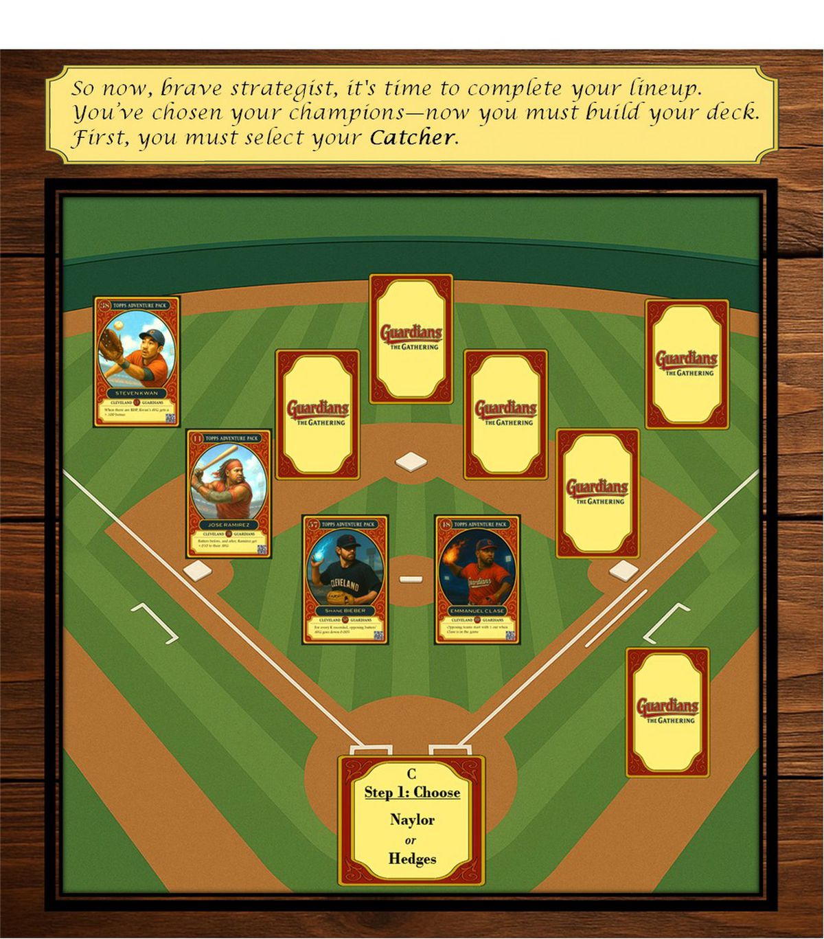 Fantasy baseball field set on a wood tabletop, showing five confirmed Guardians player cards—Kwan, Ramírez, Bieber, Clase, and a placeholder card for catcher. Other positions feature face-down “Guardians: The Gathering” cards. A text box reads: “C - Step 1: Choose Naylor or Hedges.”