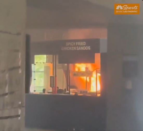 Fire at a concession stand selling spicy fried chicken sandwiches.