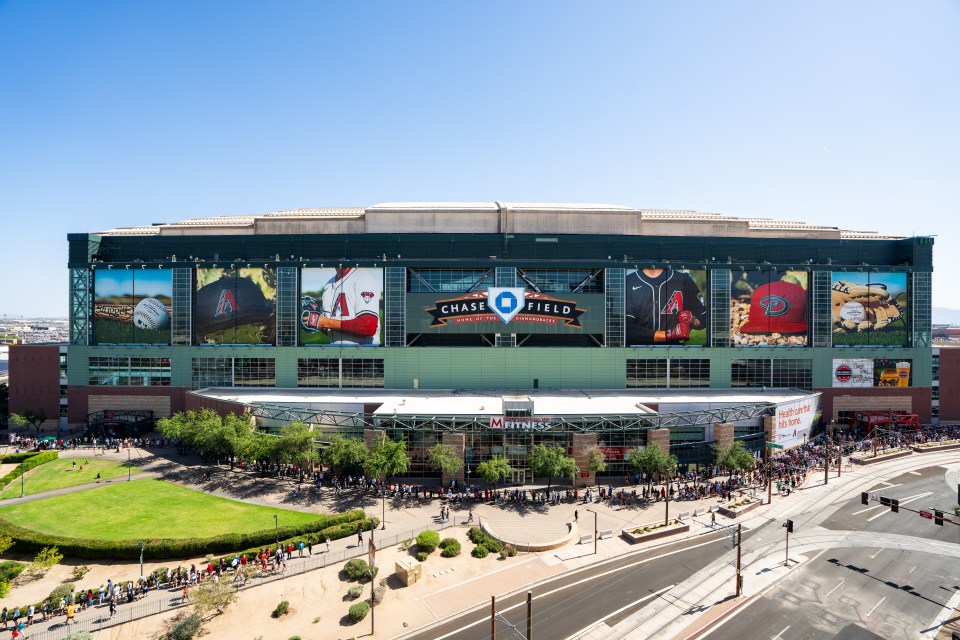 Chase Field exterior with fans lining up before a baseball game.