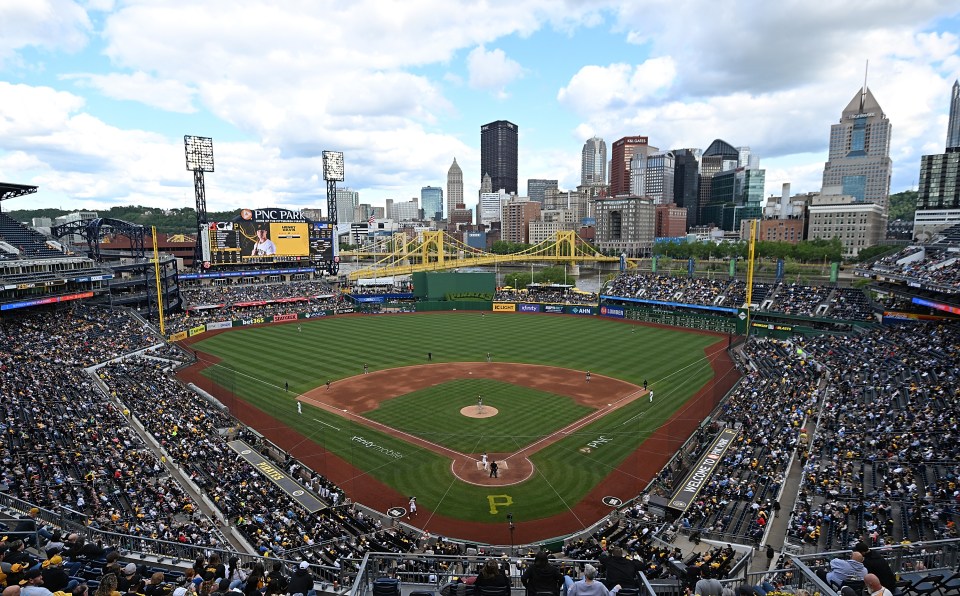 Aerial view of a baseball game at PNC Park in Pittsburgh, Pennsylvania.