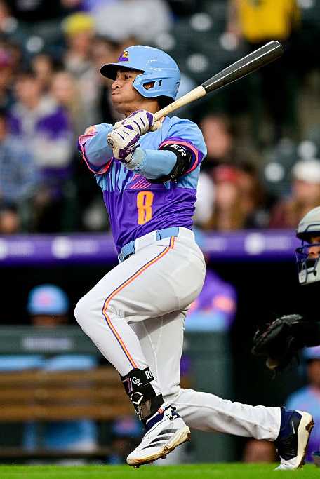 DENVER, CO - JUNE 6: Colorado Rockies shortstop Ryan Ritter (8) hits a triple for his first Major League hit in his debut in the fifth inning during a game between the New York Mets and the Colorado Rockies at Coors Field on June 6, 2025 in Denver, Colorado. (Photo by Dustin Bradford/Icon Sportswire via Getty Images)