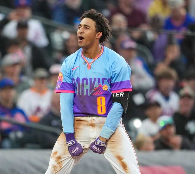 ryan ritter celebrating after first major league hit