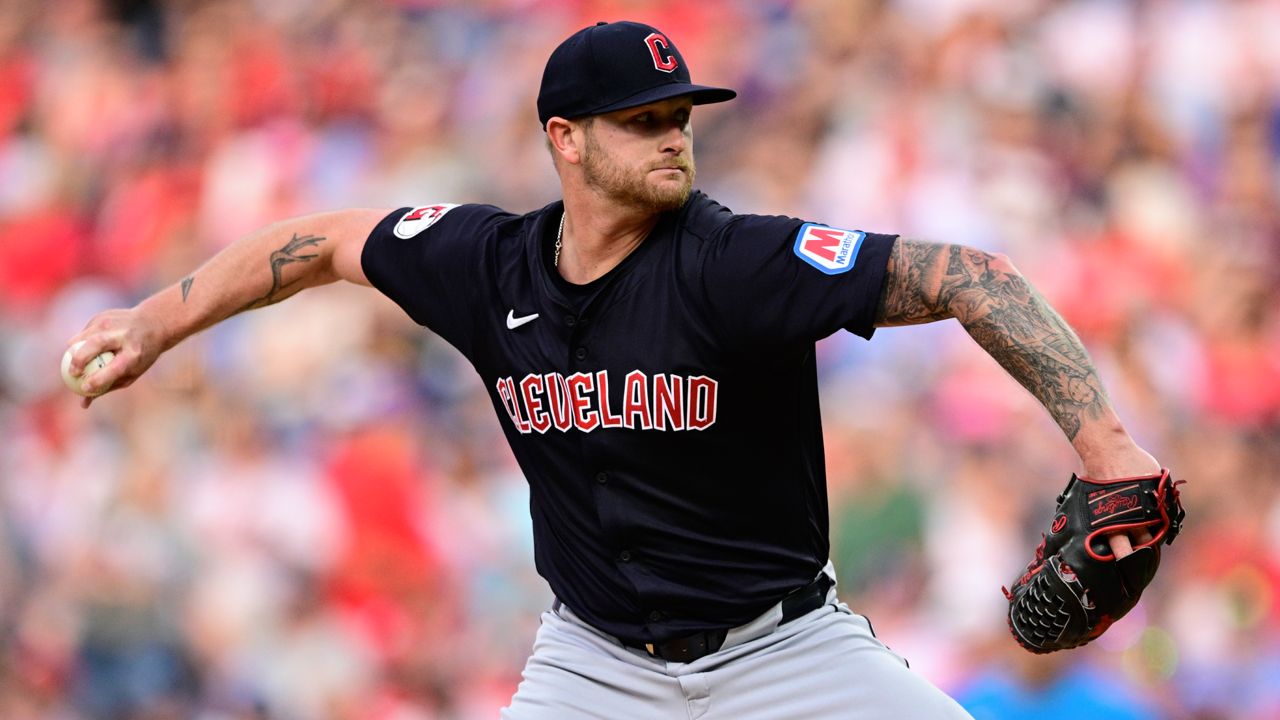 Cleveland Guardians' Ben Lively throws during the first inning of a baseball game against the Philadelphia Phillies, Friday, July 26, 2024, in Philadelphia. (AP Photo/Derik Hamilton)