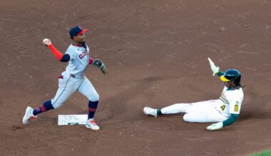 Cleveland Guardians outfielder Angel Martínez, left, turns a double play after getting Athletics' Lawrence Butler (4) out during the fifth inning of a baseball game Friday, June 20, 2025, in West Sacramento, Calif.