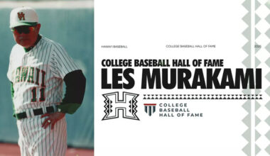 Les Murakami standing in a baseball uniform on the left with his name and accomplishment to the right.