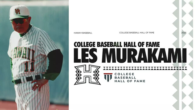 Les Murakami standing in a baseball uniform on the left with his name and accomplishment to the right.