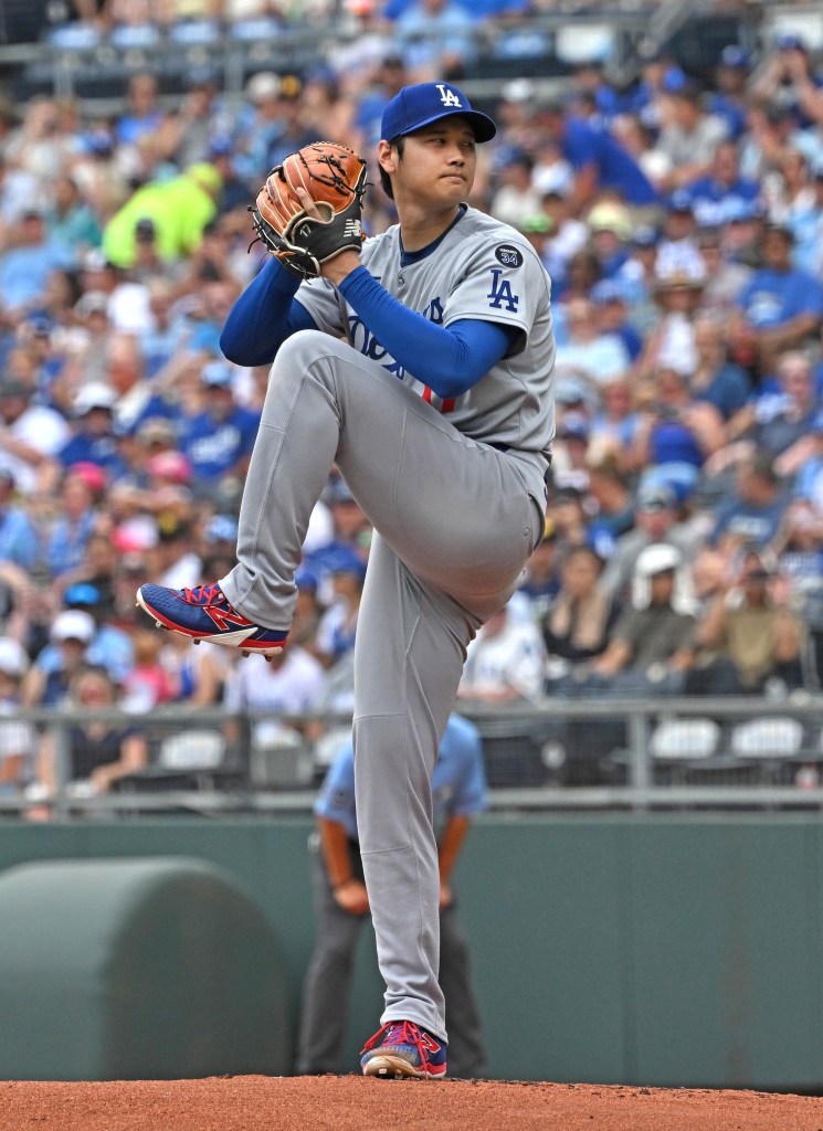 Shohei Ohtani pitching for the Los Angeles Dodgers.