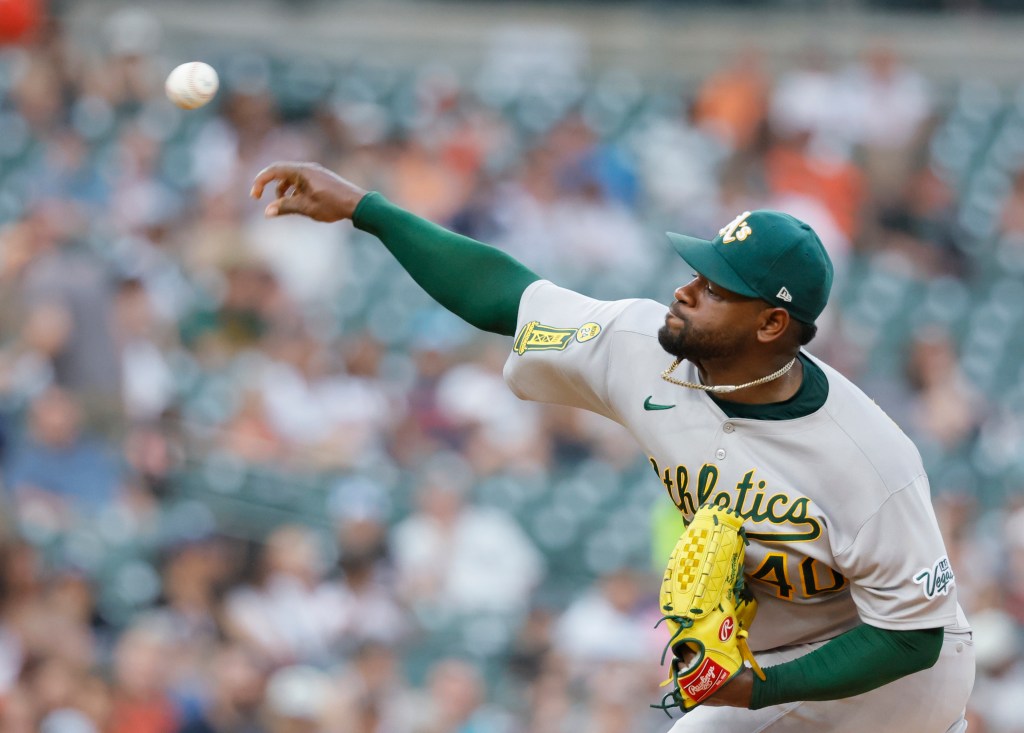 Oakland Athletics pitcher Luis Severino pitching.