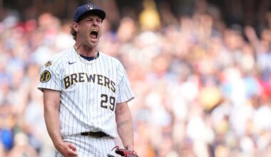 Milwaukee Brewers' Trevor Megill reacts after recording a save during the ninth inning of a baseball game against the St. Louis Cardinals, Sunday, June 15, 2025, in Milwaukee.