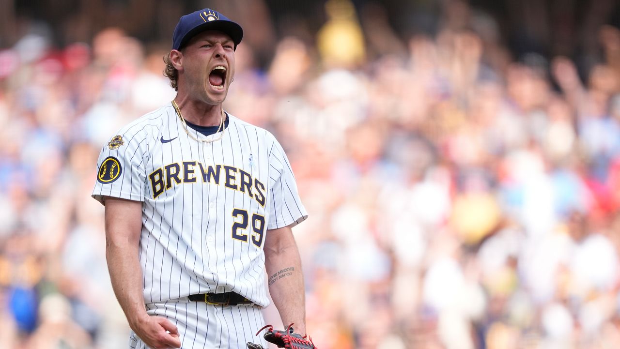 Milwaukee Brewers' Trevor Megill reacts after recording a save during the ninth inning of a baseball game against the St. Louis Cardinals, Sunday, June 15, 2025, in Milwaukee.