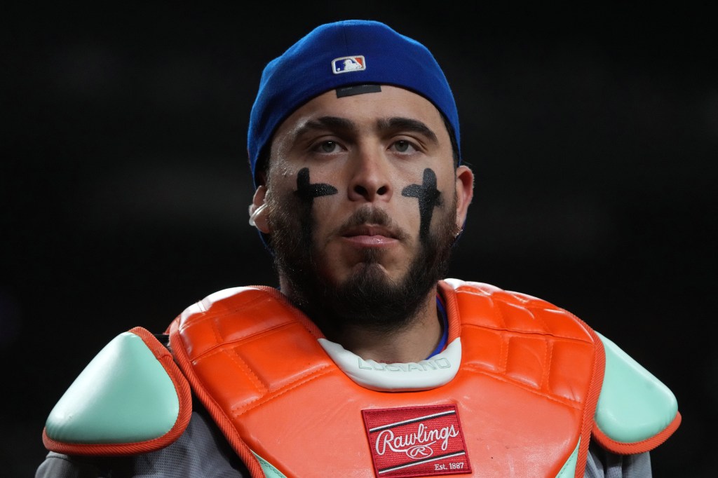 New York Mets catcher Francisco Alvarez in protective gear.