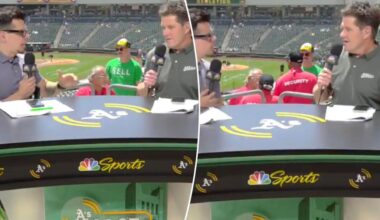 A's fan wearing 'Sell' t-shirt swarmed by stadium security