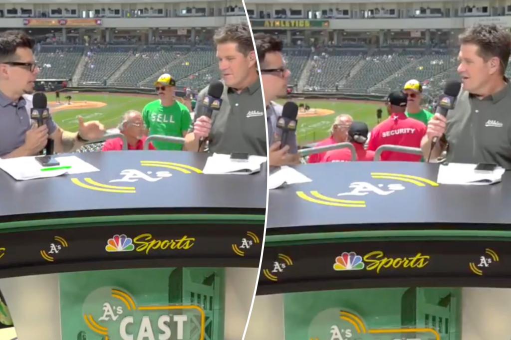 A's fan wearing 'Sell' t-shirt swarmed by stadium security