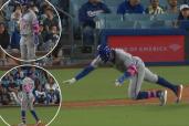 An image collage containing 3 images, Image 1 shows Mark Vientos falls while running to first base during the Mets' win against the Dodgers on June 2, Image 2 shows Mark Vientos reacts after injuring his hamstring during the Mets' win against the Dodgers on June 2, Image 3 shows Mark Vientos reacts after injuring his hamstring during the Mets' win against the Dodgers on June 2