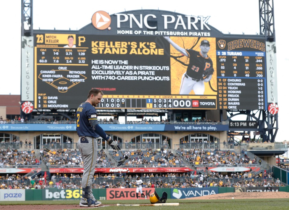 Scoreboard at PNC Park showing Mitch Keller's career strikeout record.