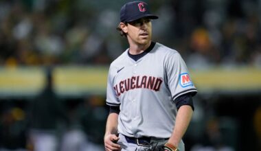 Cleveland Guardians' Shane Bieber walks to the dugout after pitching against the Oakland Athletics during the sixth inning of a baseball game Thursday, March 28, 2024, in Oakland, Calif. (AP Photo/Godofredo A. Vásquez)