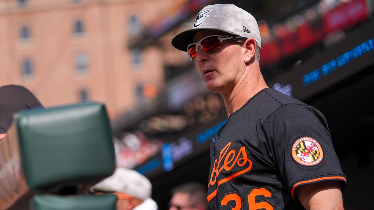 Baltimore Orioles interim manager Tony Mansolino looks on from the dugout during the eighth inning of a baseball game against the Washington Nationals Sunday, May 18, 2025, in Baltimore.