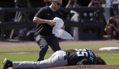 Marlins starter Ryan Weathers hit in head by catcher's throw