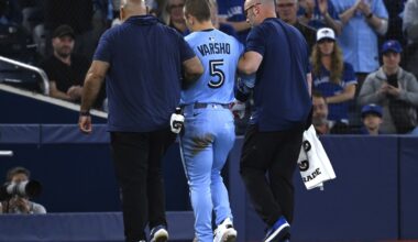 Blue Jays CF Daulton Varsho leaves game against the Athletics with an apparent left leg injury
