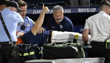 Rays pitcher carted off field and taken to hospital after foul ball into dugout hits him in face