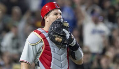 Phillies catcher J.T. Realmuto leaves game after being hit in area of protective cup by foul tip