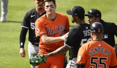 Coby Mayo's first big league RBI leads to benches clearing
