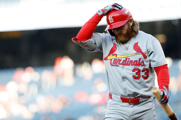 May 9, 2025; Washington, District of Columbia, USA; St. Louis Cardinals second base Brendan Donovan (33) returns to the dugout after striking out against the Washington Nationals during the first inning at Nationals Park.