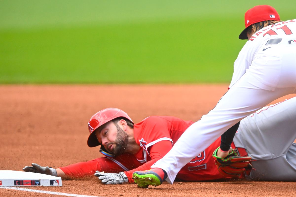 Los Angeles Angels first baseman Nolan Schanuel (18) is tagged out at third base by Cleveland Guardians third baseman Jose Ramirez (11) in the third inning at Progressive Field. Los Angeles Angels first baseman Nolan Schanuel (18) is tagged out at third base by Cleveland Guardians third baseman Jose Ramirez (11) in the third inning at Progressive Field.