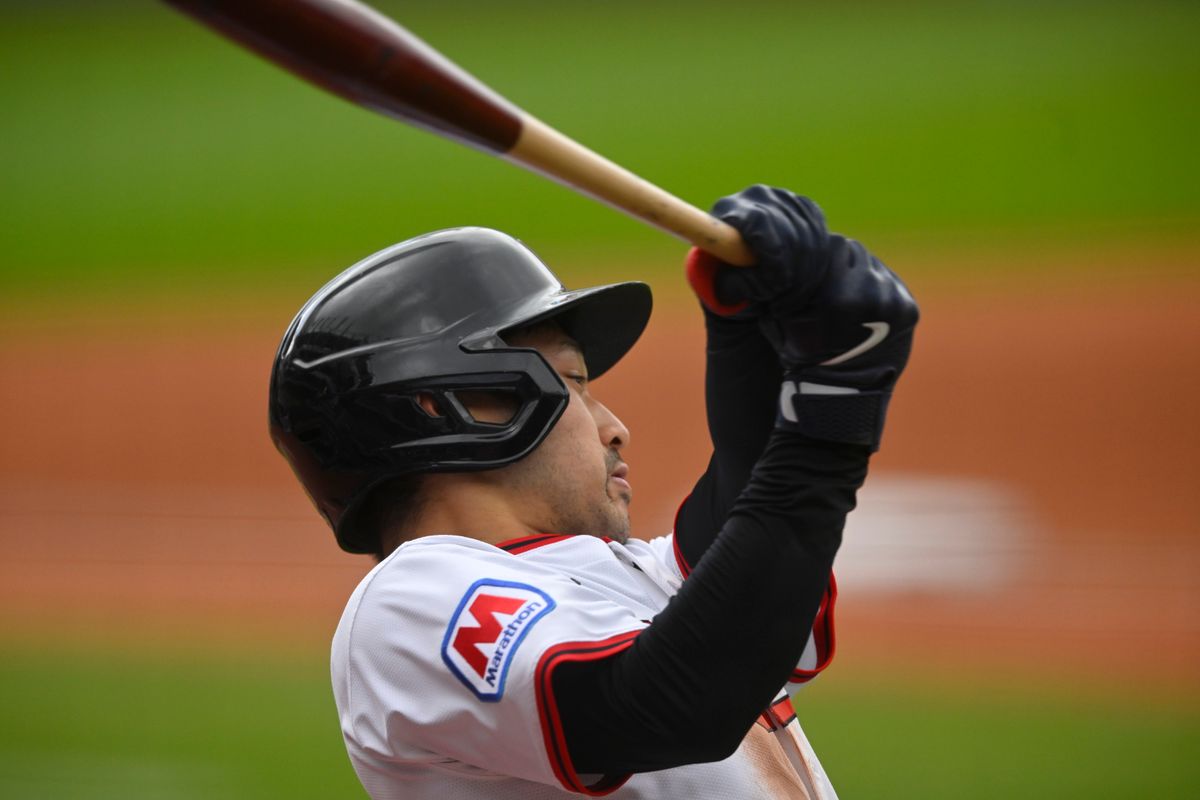 Cleveland Guardians left fielder Steven Kwan (38) swings while on deck in the third inning against the Los Angeles Angels at Progressive Field. Cleveland Guardians left fielder Steven Kwan (38) swings while on deck in the third inning against the Los Angeles Angels at Progressive Field.