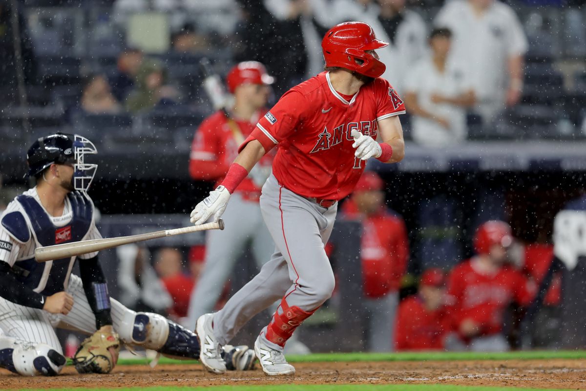 Los Angeles Angels first baseman Nolan Schanuel (18) follows through on an RBI double against the New York Yankees during the eleventh inning at Yankee Stadium. Los Angeles Angels first baseman Nolan Schanuel (18) follows through on an RBI double against the New York Yankees during the eleventh inning at Yankee Stadium.