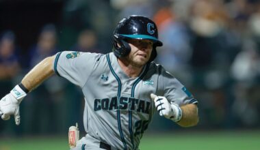Coastal Carolina's Wells Sykes (20) runs to first base during an NCAA super regional baseball game against Auburn on Friday, June 6, 2025 in Auburn, Ala. (AP Photo/Stew Milne)