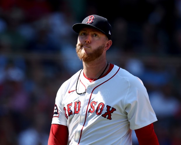 Boston Red Sox pitcher Zack Kelly reacts as he leaves the mound during the fifth inning Sunday afternoon at Fenway Park. (Nancy Lane/Boston Herald)