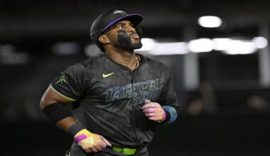 Tampa Bay Rays' Yandy Díaz rounds the bases after his home run during the fifth inning of a baseball game against the Detroit Tigers, Friday, June 20, 2025, in Tampa, Fla. (AP Photo/Jason Behnken)