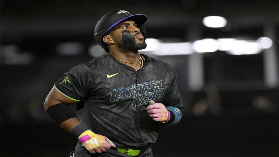 Tampa Bay Rays' Yandy Díaz rounds the bases after his home run during the fifth inning of a baseball game against the Detroit Tigers, Friday, June 20, 2025, in Tampa, Fla. (AP Photo/Jason Behnken)