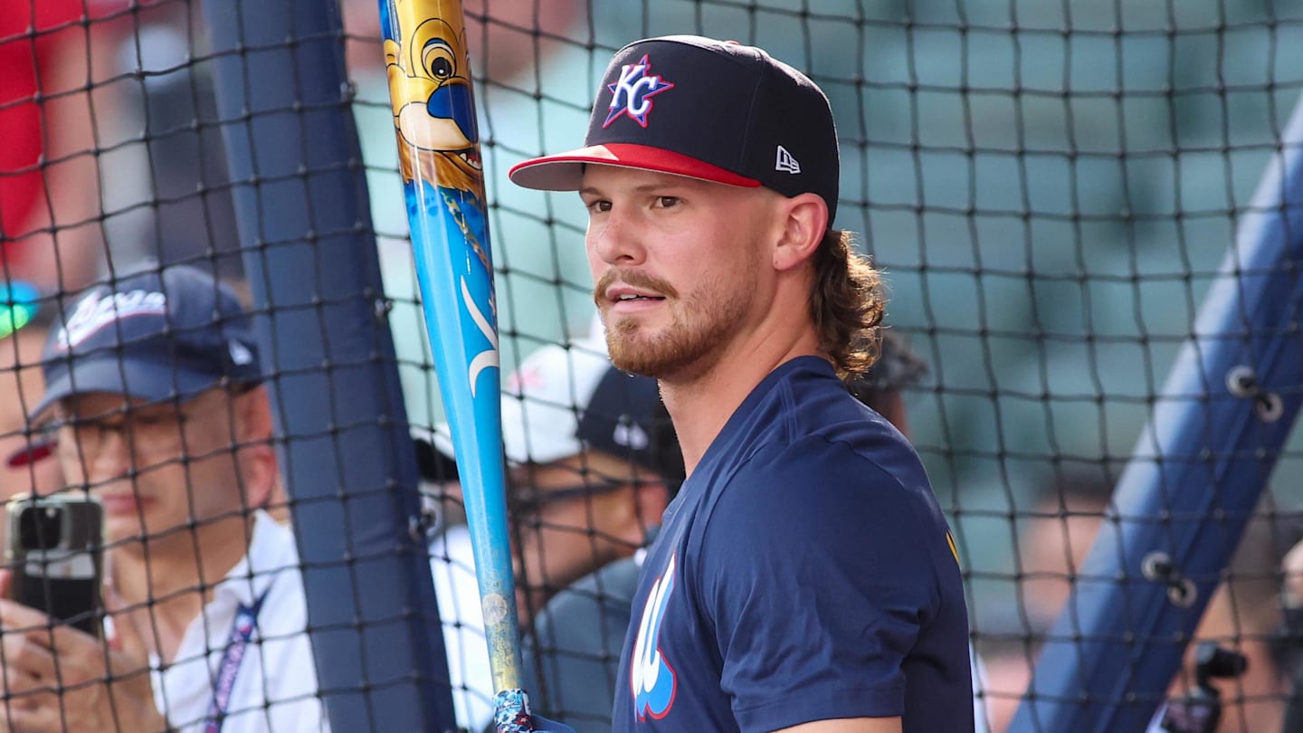 Jul 14, 2025; Atlanta, GA, USA; American League shortstop Bobby Witt Jr. (7) of the Kansas City Royals during workouts before the 2025 MLB All Star Game at Truist Park. Mandatory Credit: Brett Davis-Imagn Images