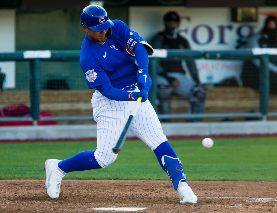 Cubs’ Miguel Amaya takes a swing during the Triple-A exhibition game between the Chicago Cubs and Chicago White Sox Thursday, April 15, 2021 at Four Winds Field in South Bend.