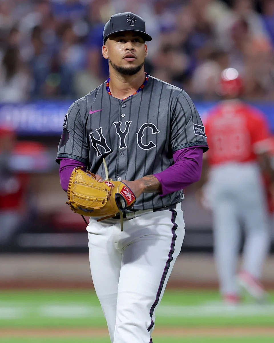 New York Mets starting pitcher Frankie Montas (47) reacts during the fifth inning against the Los Angeles Angels on July 22, 2025, at Citi Field.