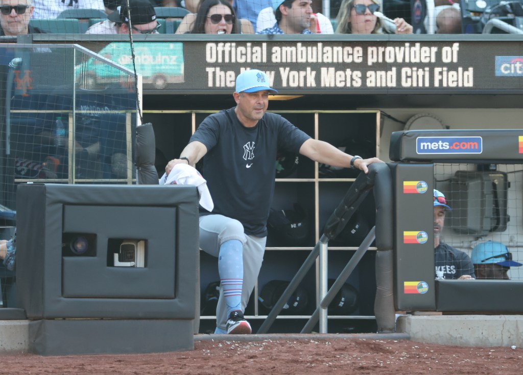Aaron Boone looks on during the Yankees-Metes game on July 4, 2025. 