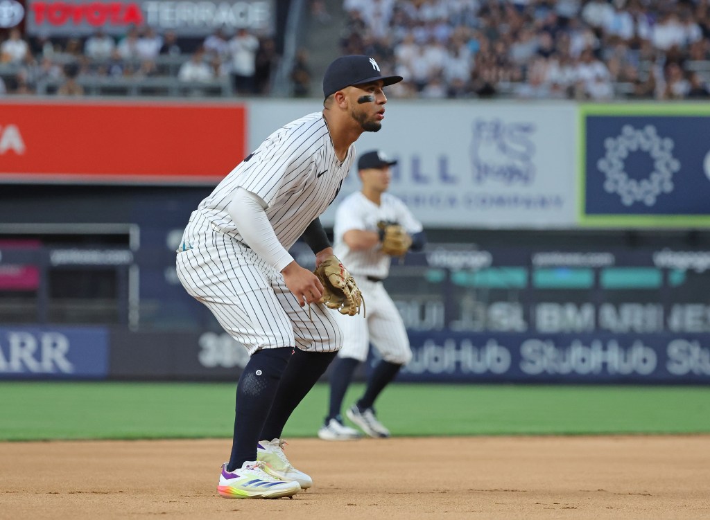 Oswald Peraza of the New York Yankees at third base.