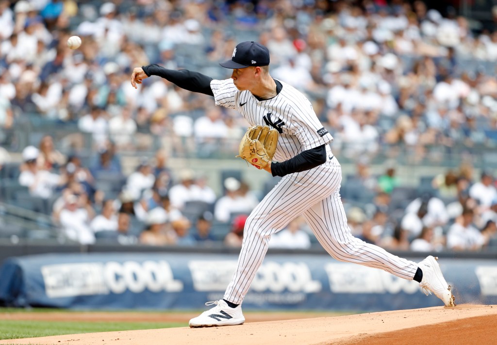 Will Warren pitches during the Yankees-Cubs game on July 13, 2025. 