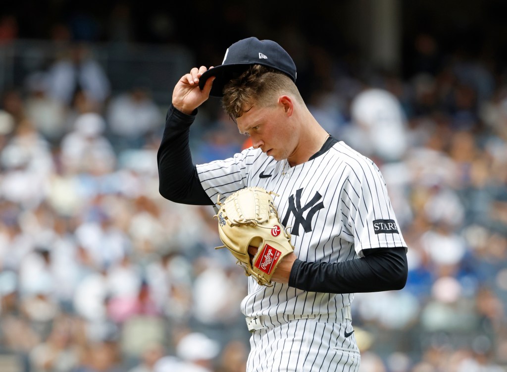 Will Warren reacts during the Yankees-Cubs game on July 13, 2025. 