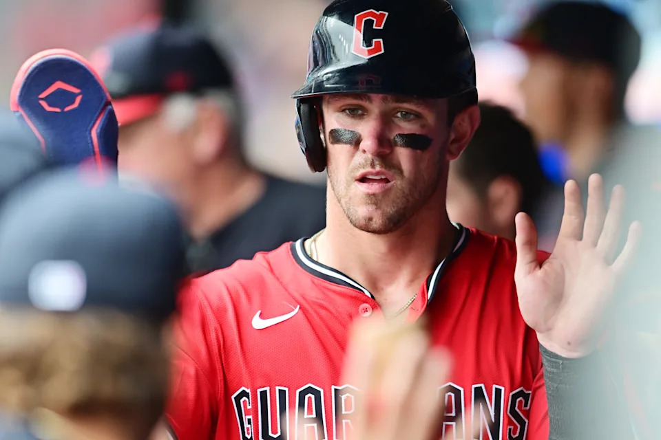 Cleveland Guardians left fielder Nolan Jones (22) celebrates after scoring during the eighth inning against the Athletics at Progressive Field July 20 in Cleveland.