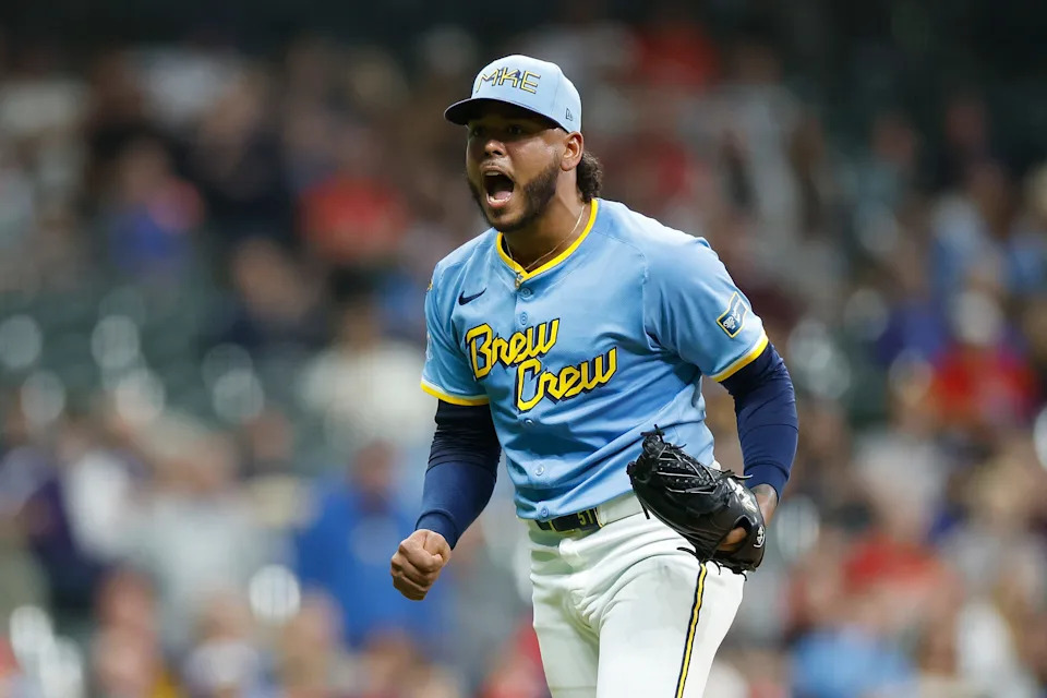 Brewers starting pitcher Freddy Peralta reacts after getting the third out in the fifth inning against the Cardinals on June 13 at American Family Field.