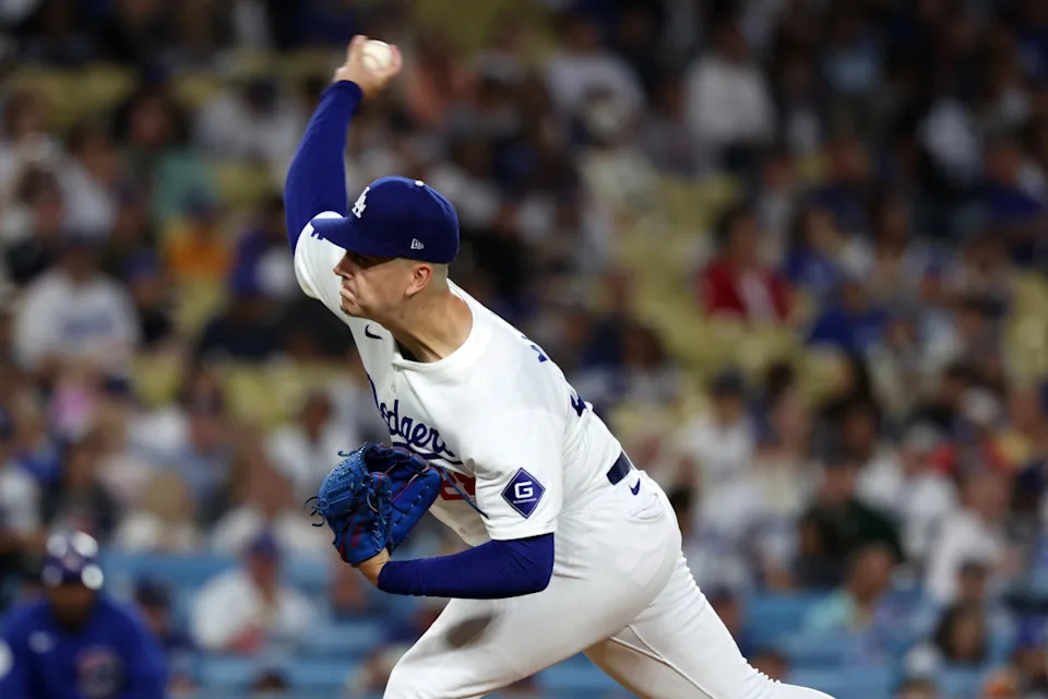 Los Angeles Dodgers starting pitcher Bobby Miller (28) pitches during the first inning against the Chicago Cubs at Dodger Stadium.Kiyoshi Mio-Imagn Images