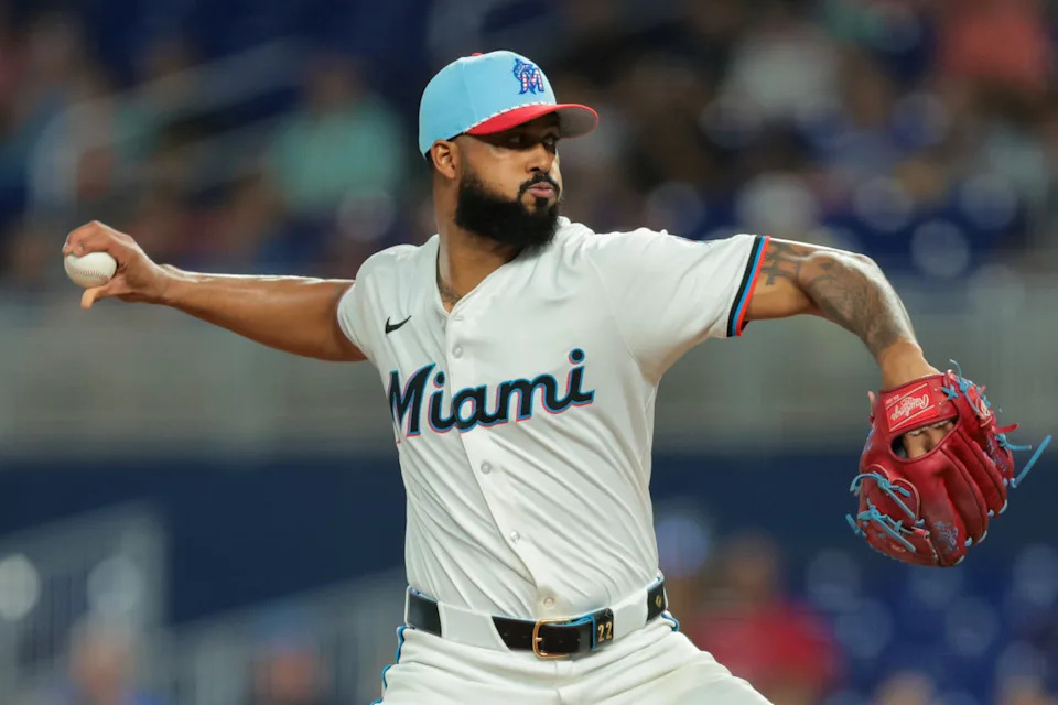 Miami Marlins starting pitcher Sandy Alcantara (22) delivers a pitch against the Milwaukee Brewers during the first inning at loanDepot Park.Sam Navarro-Imagn Images