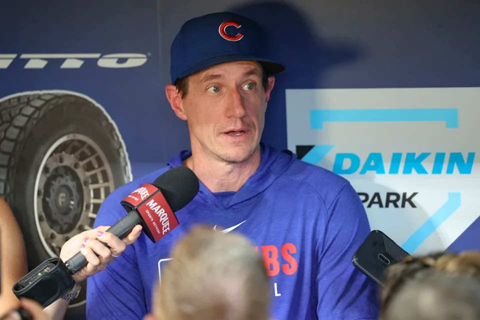 Jun 28, 2025; Houston, Texas, USA; Chicago Cubs manager Craig Counsell (11) is interviewed in the dugout before the game against the Houston Astros at Daikin Park. Troy Taormina-Imagn ImagesTroy Taormina-Imagn Images