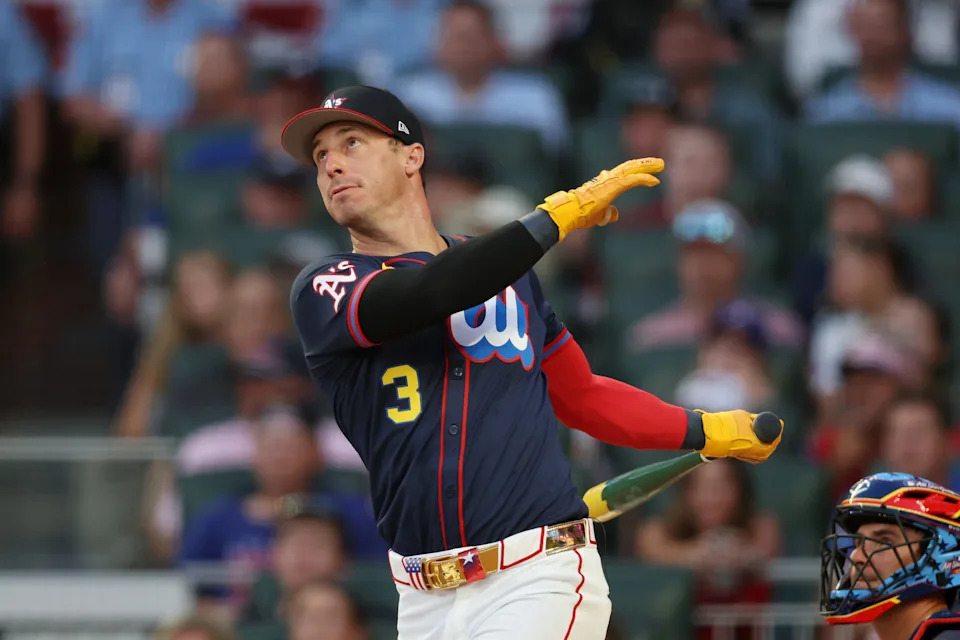 ATLANTA, GEORGIA - JULY 14: Brent Rooker #25 of the Athletics competes during the Home Run Derby at Truist Park on July 14, 2025 in Atlanta, Georgia.  (Photo by Kevin C. Cox/Getty Images)